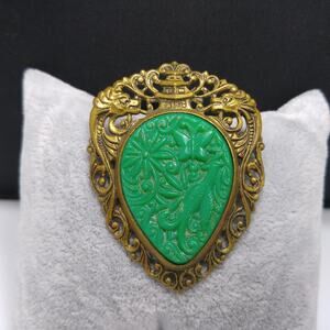 Vintage Asian Celluloid Faux Jade Brooch Pendant Filigree Dragon 1940s